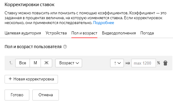 Корректировка по полу и возрасту «Яндекс.Директ»